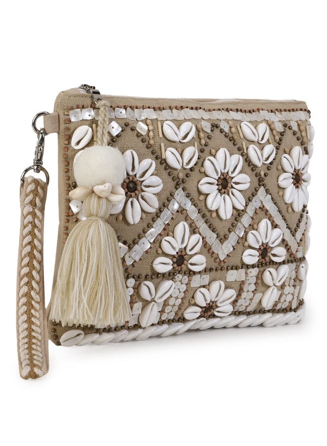 Anekaant Women Boho Beige & White Cotton Jute & Canvas Boho Embellished Sling Bag - Image 3